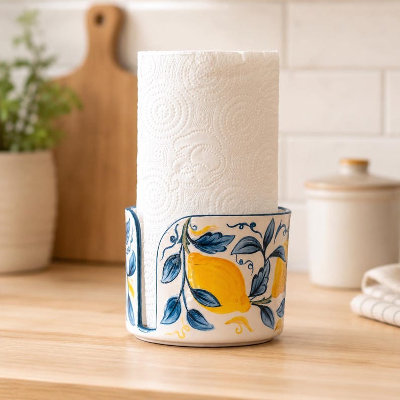 Handbemalter Keramik-Küchenrollenhalter mit Zitronenmotiv – Blaues mediterranes Blumenmuster, Rollenspender für die Arbeitsplatte, 13–20 cm (5–8 Zoll)