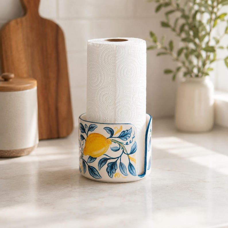 Handbemalter Keramik-Küchenrollenhalter mit Zitronenmotiv – Blaues mediterranes Blumenmuster, Rollenspender für die Arbeitsplatte, 13–20 cm (5–8 Zoll)