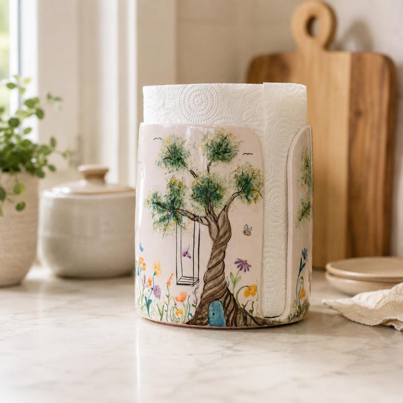 Handbemalter Keramik-Papierhandtuchhalter mit Baumhaus- und Wildblumen-Design, Küchendeko, 25 cm Höhe, 5–8 Zoll Durchmesser