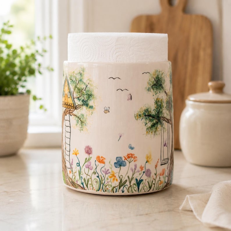 Handbemalter Keramik-Papierhandtuchhalter mit Baumhaus- und Wildblumen-Design, Küchendeko, 25 cm Höhe, 5–8 Zoll Durchmesser