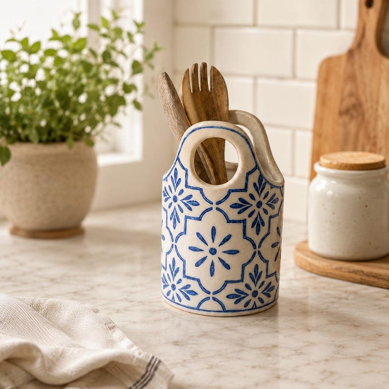 Blauer Keramik-Utensilienhalter mit Blumenmuster, handbemalter Küchenbehälter mit Schlaufengriffen, Löffelhalter in Creme und Blau