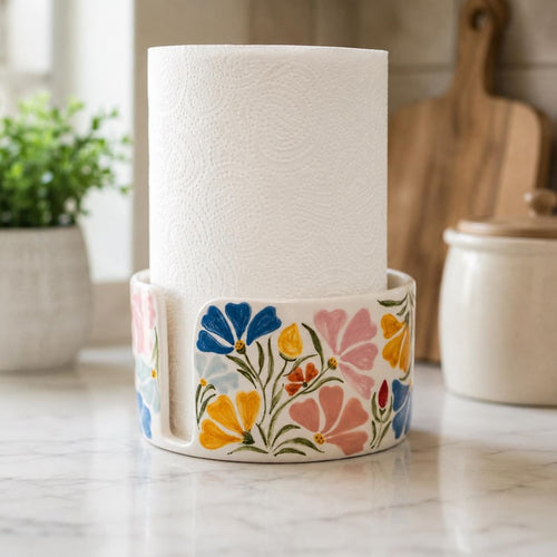 Handbemalter Keramik-Küchenrollenhalter mit Blumenmuster, freistehender Küchenrollenhalter, farbenfrohe Dekoration für die Arbeitsplatte