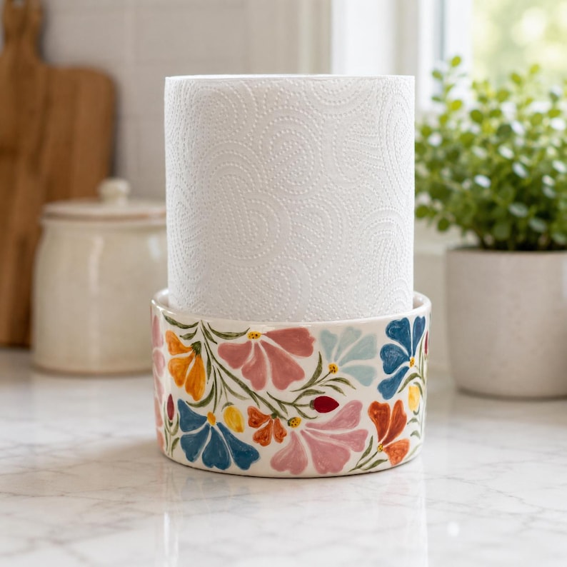 Handbemalter Keramik-Küchenrollenhalter mit Blumenmuster, freistehender Küchenrollenhalter, farbenfrohe Dekoration für die Arbeitsplatte