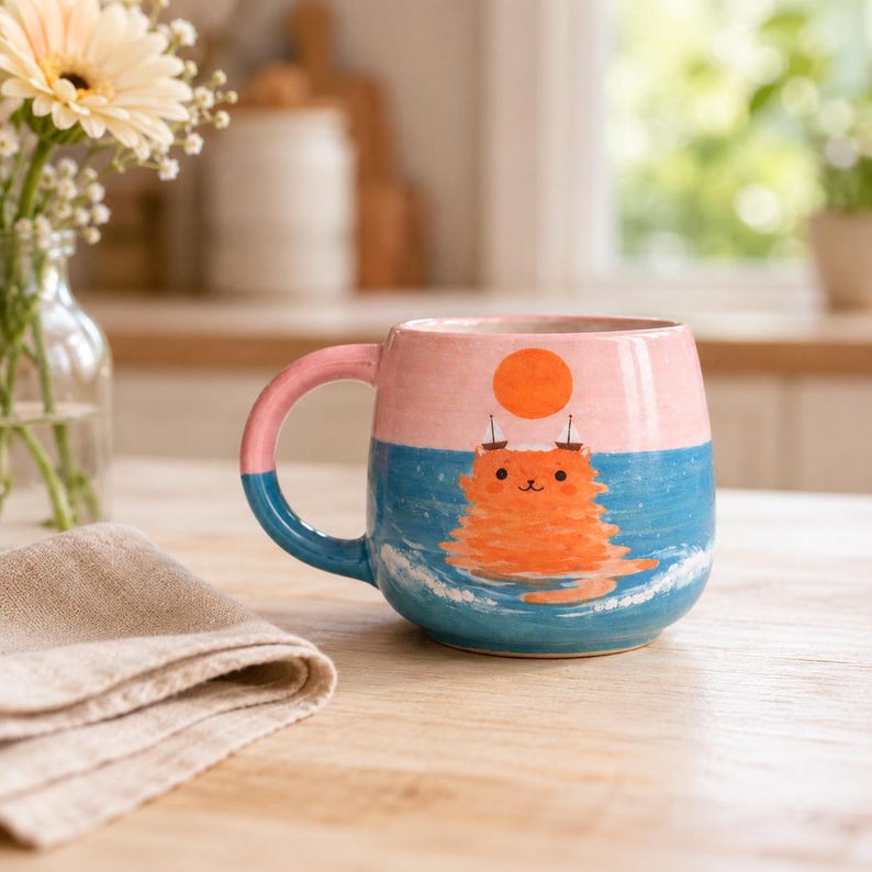 Keramik-Katzentasse (ca. 325 ml) – Kaffeebecher in Rosa und Blau mit Strand-Sonnenuntergang, orangefarbener Katze und Segelbooten