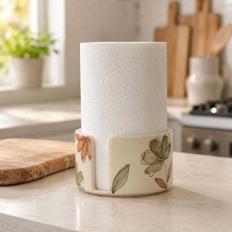 Handgefertigter Küchenrollenhalter aus Keramik, Rollenhalter für die Arbeitsplatte mit Blumenmotiv im Aquarell-Stil, handbemalte Keramik in Cremefarben