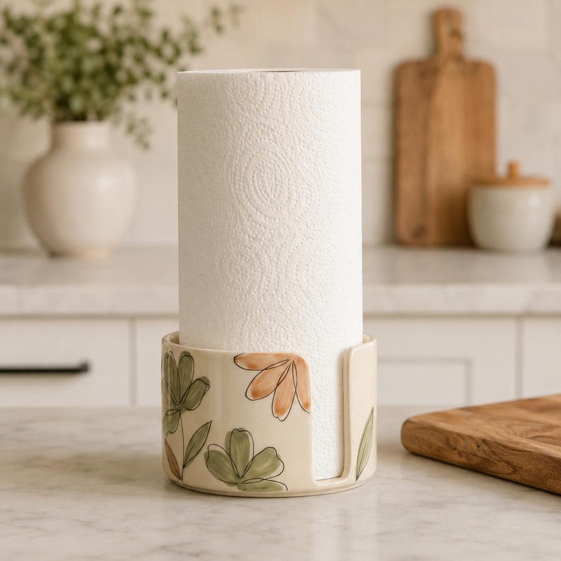 Handgefertigter Küchenrollenhalter aus Keramik, Rollenhalter für die Arbeitsplatte mit Blumenmotiv im Aquarell-Stil, handbemalte Keramik in Cremefarben