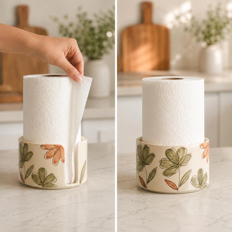 Handgefertigter Küchenrollenhalter aus Keramik, Rollenhalter für die Arbeitsplatte mit Blumenmotiv im Aquarell-Stil, handbemalte Keramik in Cremefarben