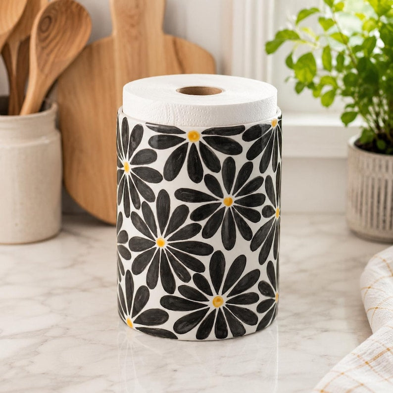 Küchenrollenhalter aus Keramik, handbemalt mit grauem Gänseblümchen-Motiv, freistehender Rollenständer für die Arbeitsplatte