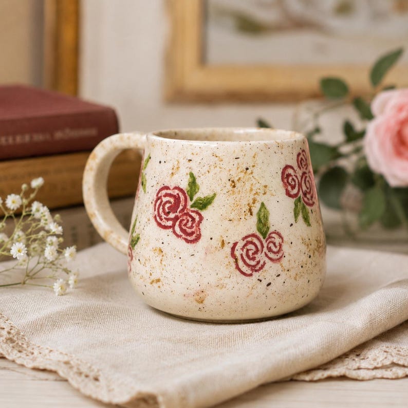 Keramiktasse „Rose“ (350 ml) – handbemalte Kaffeetasse mit Blumenmuster, cremefarbene, gesprenkelte Teetasse aus Keramik