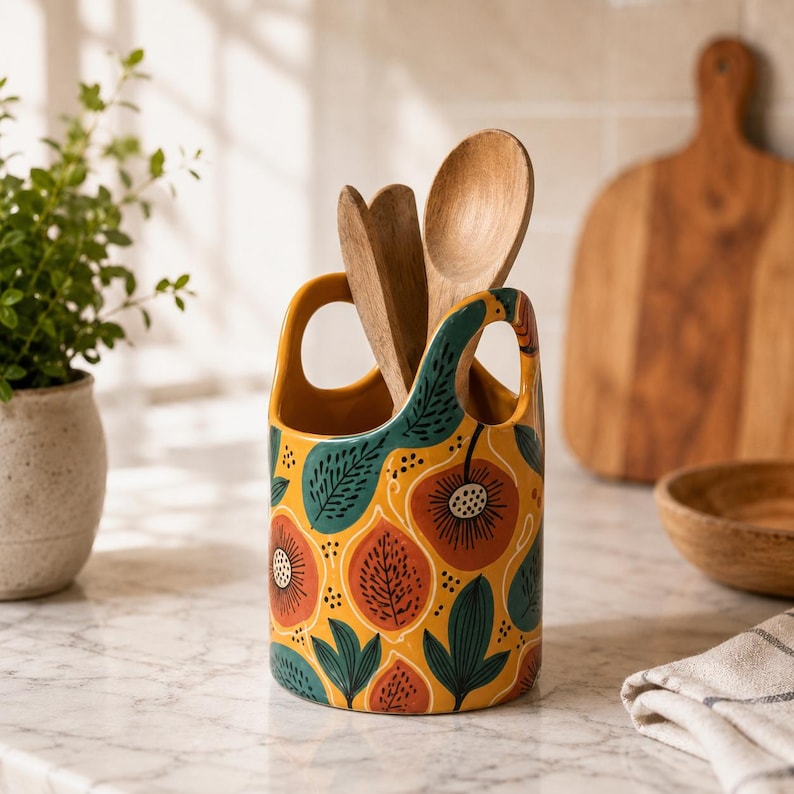 Handbemalter Keramik-Utensilienhalter, Löffelbehälter im Boho-Blumendesign, Küchenorganizer aus Keramik in Senfgelb und Petrol, 23 cm (9 Zoll)