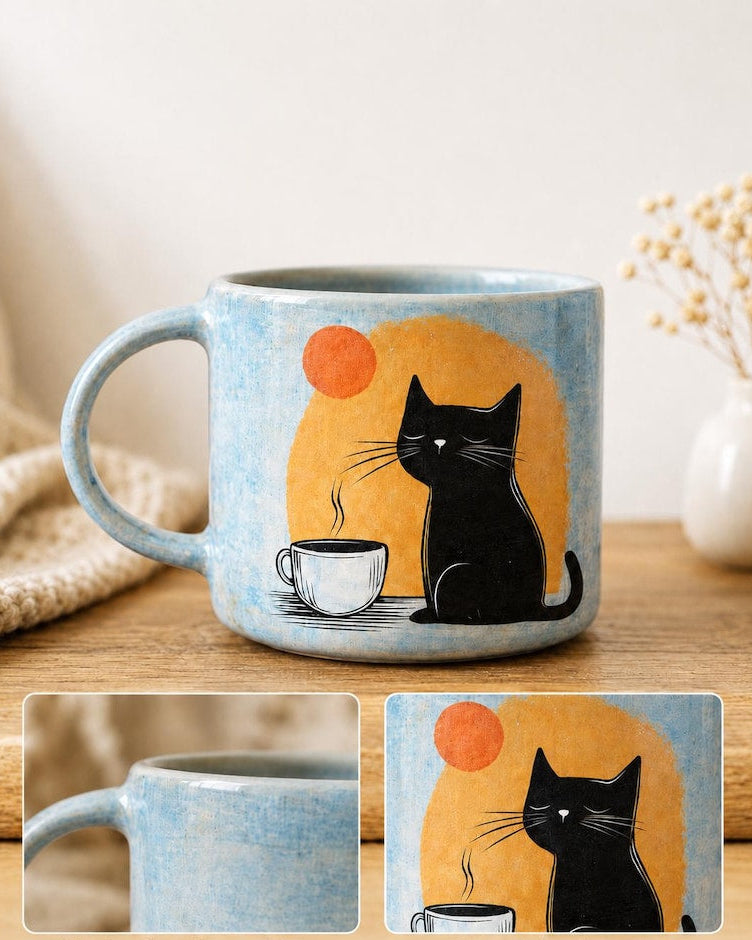 Schwarzer Keramik-Kaffeebecher mit Katzenmotiv, blauer Glasur und orangefarbenem Sonnenaufgangsmuster; handgefertigter Keramikbecher