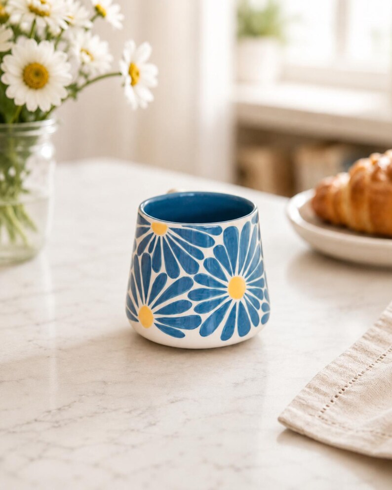 Keramikbecher mit blauem Gänseblümchen-Motiv, handbemalte Kaffeetasse aus Keramik mit kobaltblau glasierter Innenseite, 1 Stück