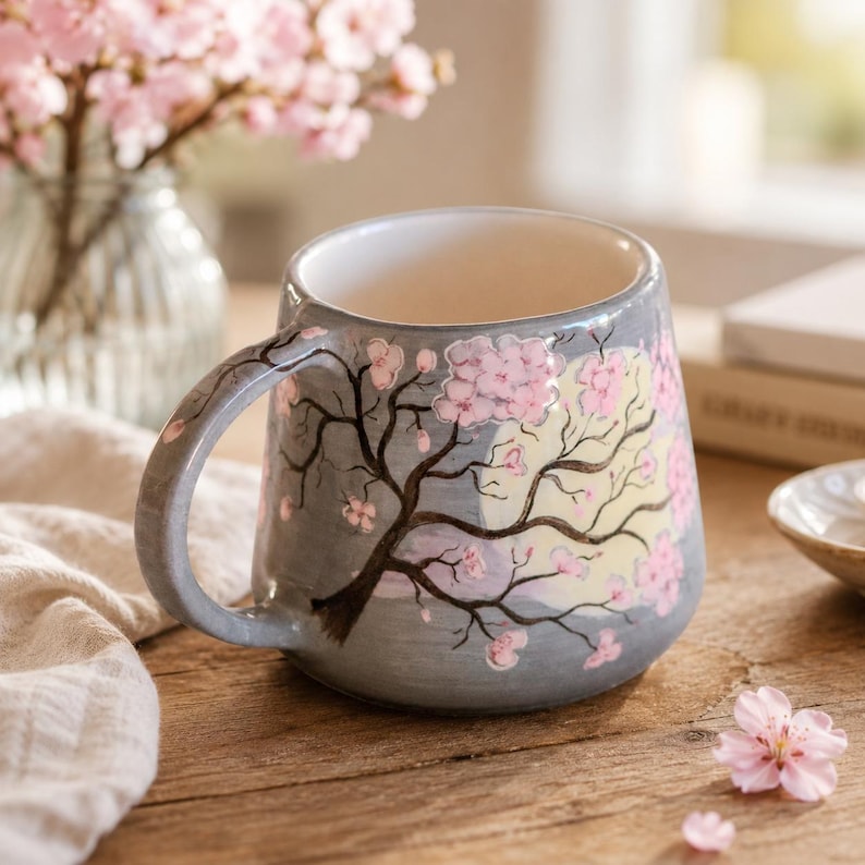Handbemalte Keramiktasse mit Kirschblüten-Motiv (450 ml) – Kaffee- oder Teetasse in Zartrosa oder Rauchgrau