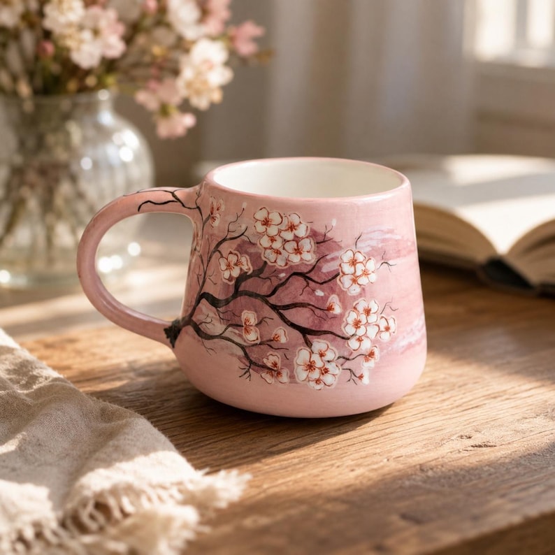 Handbemalte Keramiktasse mit Kirschblüten-Motiv (450 ml) – Kaffee- oder Teetasse in Zartrosa oder Rauchgrau