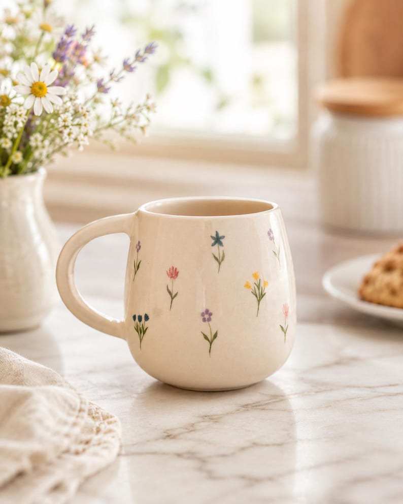 Keramikbecher mit Wildblumenmuster, handbemalte Kaffeetasse 350 ml, botanische Keramiktasse, cremefarben, 1 Stück