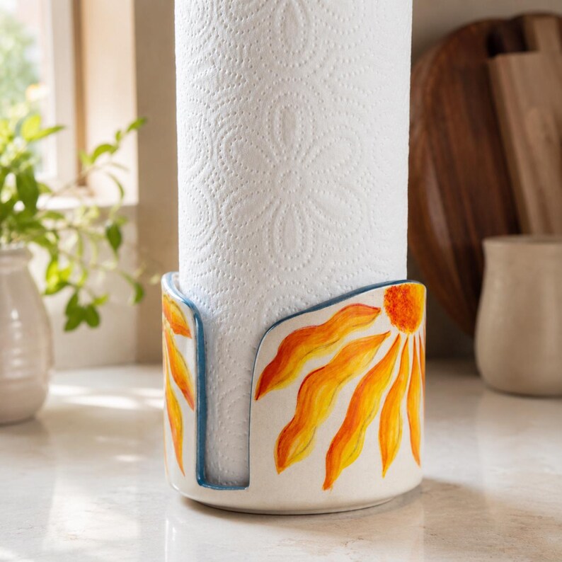 Küchenrollenhalter aus Keramik mit Sonnenblumen-Blumenmuster, handbemalter Ständer für Küchenrollen, Küchenorganizer, Akzent mit blauem Rand, Durchmesser 5–8 Zoll