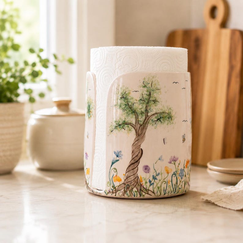 Handbemalter Keramik-Papierhandtuchhalter mit Baumhaus- und Wildblumen-Design, Küchendeko, 25 cm Höhe, 5–8 Zoll Durchmesser