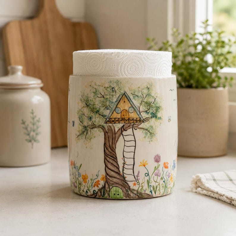Handbemalter Keramik-Papierhandtuchhalter mit Baumhaus- und Wildblumen-Design, Küchendeko, 25 cm Höhe, 5–8 Zoll Durchmesser