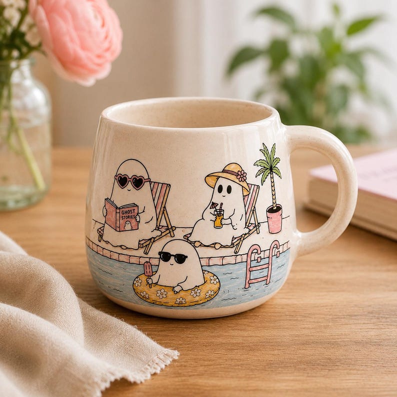 Handbemalter Keramik-Sommerkaffeebecher, doppelseitiges Design, cremefarbene, gesprenkelte Oberfläche