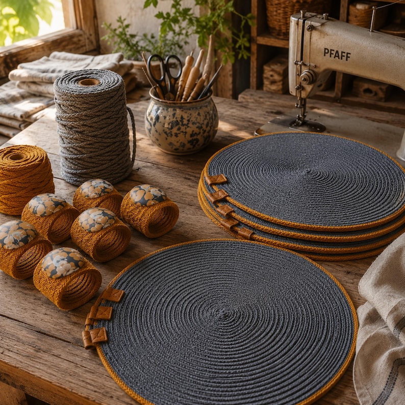 Handgefertigte Platzsets aus Baumwollseil, 4er-Set, mit Serviettenschlaufen, anthrazitgrauer Grundton mit senfgelben Akzenten, 33 cm Durchmesser