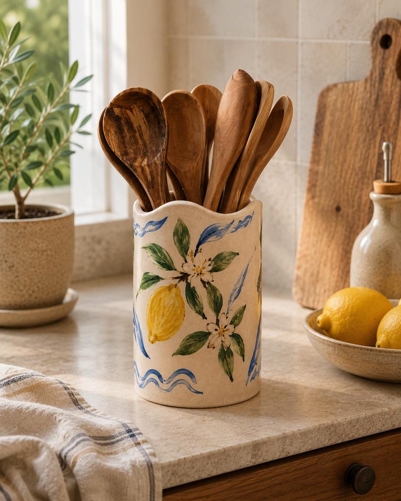 Keramik-Küchenhelferhalter mit Zitronen- und Blumenmuster, hoher Löffelbehälter, mediterrane Küchendekoration, Creme/Gelb/Grün/Kobaltblau, Durchmesser 5 oder 6 Zoll