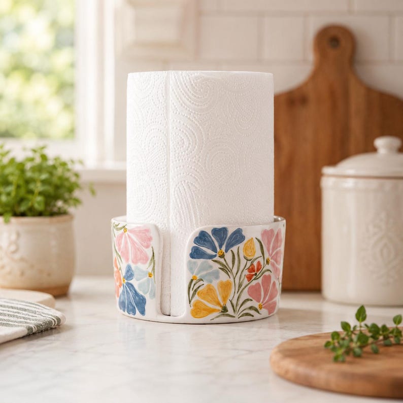 Handbemalter Keramik-Küchenrollenhalter mit Blumenmuster, freistehender Küchenrollenhalter, farbenfrohe Dekoration für die Arbeitsplatte