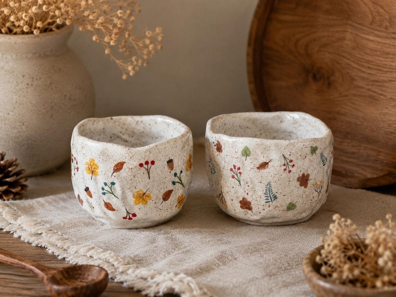 Handgefertigte Keramiktasse für den Herbst, handbemalte Teetasse mit herbstlichen Pflanzenmotiven, rustikales Cottagecore-Geschirr, gesprenkelter Becher in Cremeweiß, 1 Stück