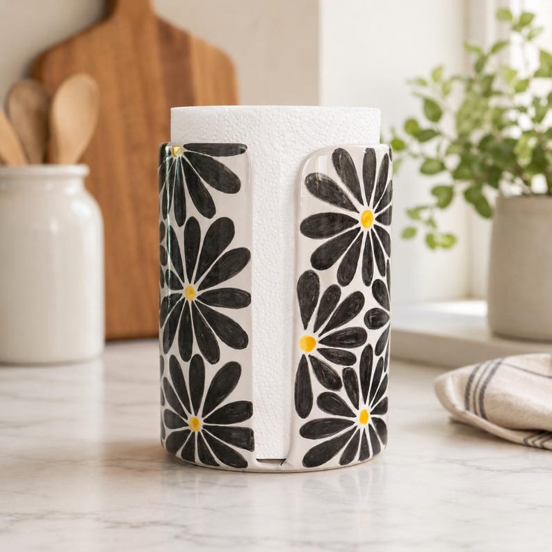 Küchenrollenhalter aus Keramik, handbemalt mit grauem Gänseblümchen-Motiv, freistehender Rollenständer für die Arbeitsplatte