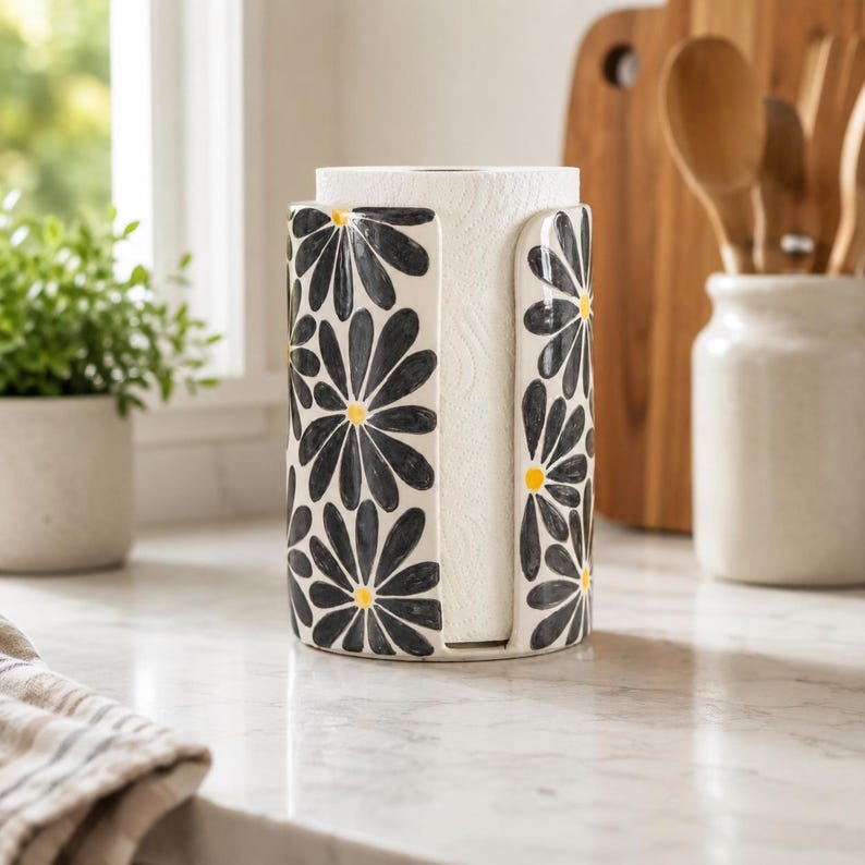 Küchenrollenhalter aus Keramik, handbemalt mit grauem Gänseblümchen-Motiv, freistehender Rollenständer für die Arbeitsplatte