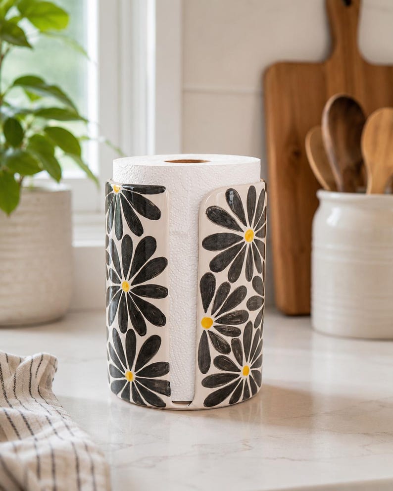 Küchenrollenhalter aus Keramik, handbemalt mit grauem Gänseblümchen-Motiv, freistehender Rollenständer für die Arbeitsplatte