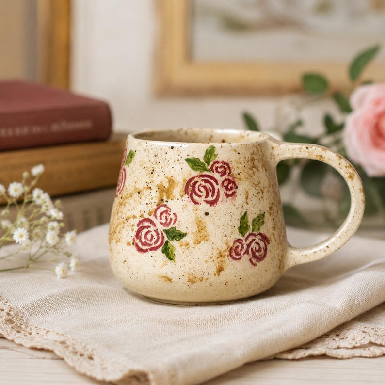 Keramiktasse „Rose“ (350 ml) – handbemalte Kaffeetasse mit Blumenmuster, cremefarbene, gesprenkelte Teetasse aus Keramik