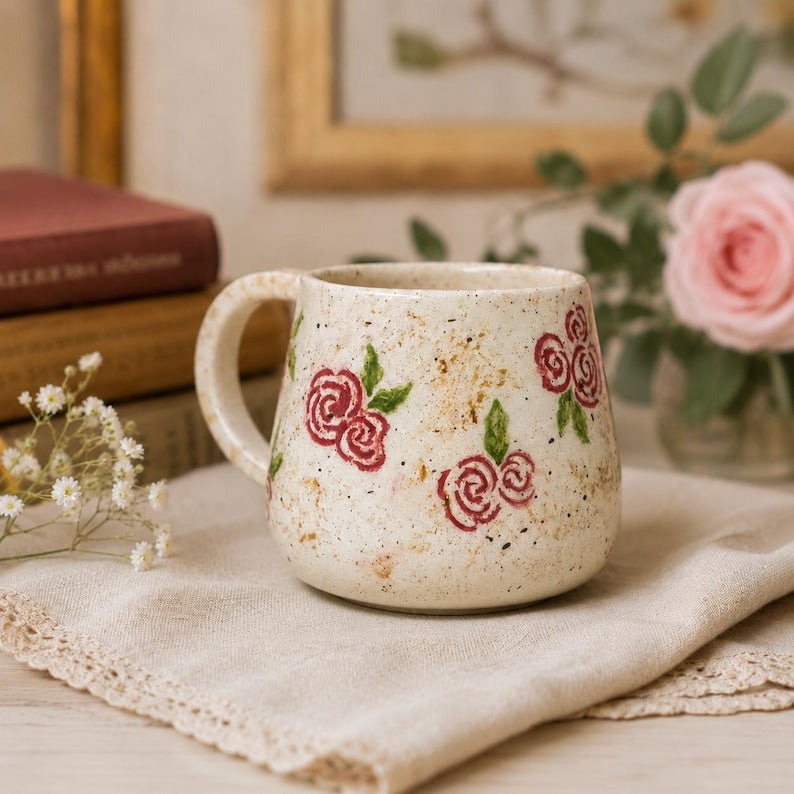 Keramiktasse „Rose“ (350 ml) – handbemalte Kaffeetasse mit Blumenmuster, cremefarbene, gesprenkelte Teetasse aus Keramik