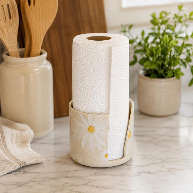 Handgefertigter Keramik-Taschentuchhalter, cremefarben, Gänseblümchenmuster, freistehend