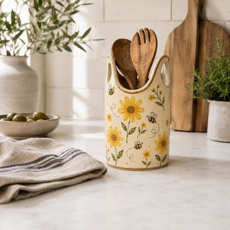 Keramik Küchenutensilienhalter mit Sonnenblumen-Bienen-Motiv, handbemalt, Höhe 25 cm, Landhaus-Stil