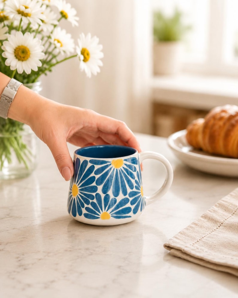 Keramikbecher mit blauem Gänseblümchen-Motiv, handbemalte Kaffeetasse aus Keramik mit kobaltblau glasierter Innenseite, 1 Stück