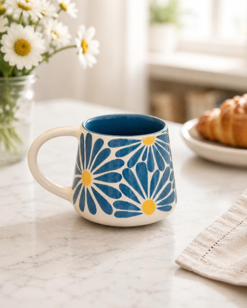 Keramikbecher mit blauem Gänseblümchen-Motiv, handbemalte Kaffeetasse aus Keramik mit kobaltblau glasierter Innenseite, 1 Stück