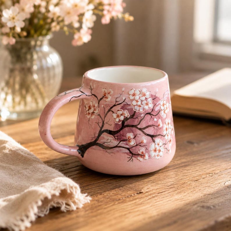 Handbemalte Keramiktasse mit Kirschblüten-Motiv (450 ml) – Kaffee- oder Teetasse in Zartrosa oder Rauchgrau