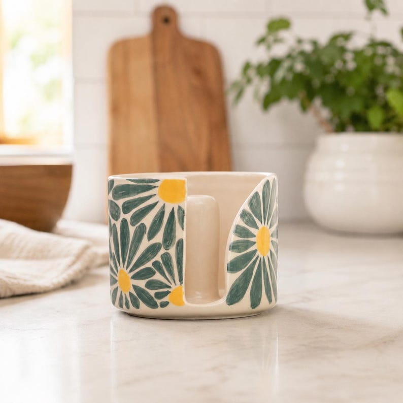 Küchenrollenhalter aus Keramik mit violettem Gänseblümchen-Motiv, handbemalter Küchenorganizer, cremefarbene Hochglanz-Oberfläche