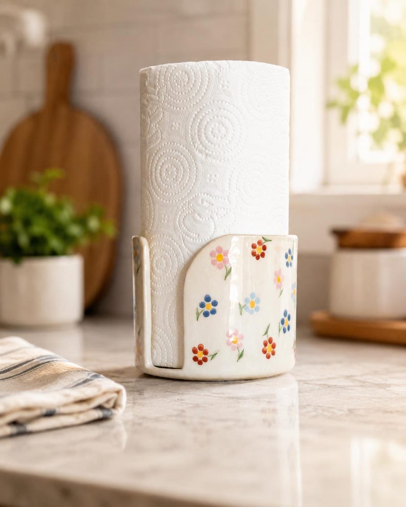 Keramik-Papierhandtuchhalter, freistehender Küchenrollenhalter mit handbemaltem Wildblumenmuster, elfenbeinfarben, Cottagecore-Deko für die Küchenarbeitsplatte