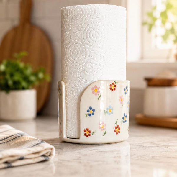 Keramik-Papierhandtuchhalter, freistehender Küchenrollenhalter mit handbemaltem Wildblumenmuster, elfenbeinfarben, Cottagecore-Deko für die Küchenarbeitsplatte