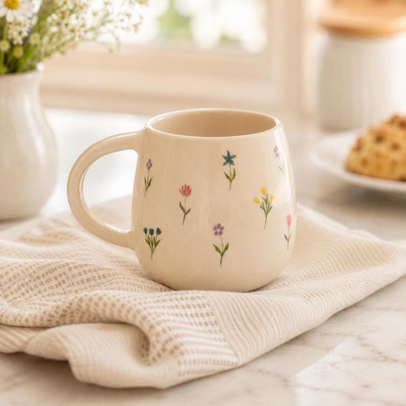 Keramikbecher mit Wildblumenmuster, handbemalte Kaffeetasse 350 ml, botanische Keramiktasse, cremefarben, 1 Stück