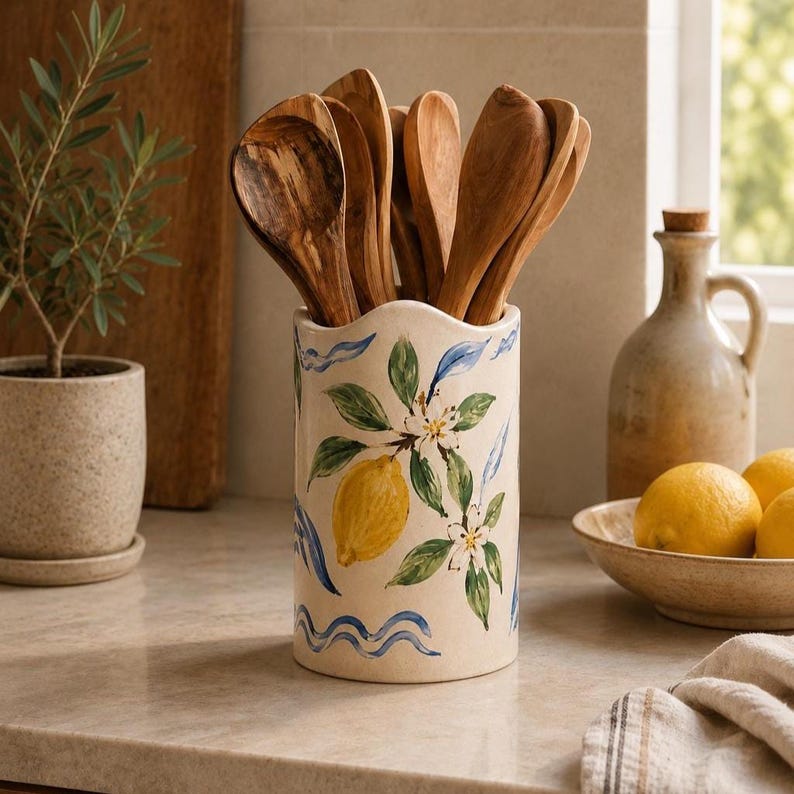 Keramik-Küchenhelferhalter mit Zitronen- und Blumenmuster, hoher Löffelbehälter, mediterrane Küchendekoration, Creme/Gelb/Grün/Kobaltblau, Durchmesser 5 oder 6 Zoll