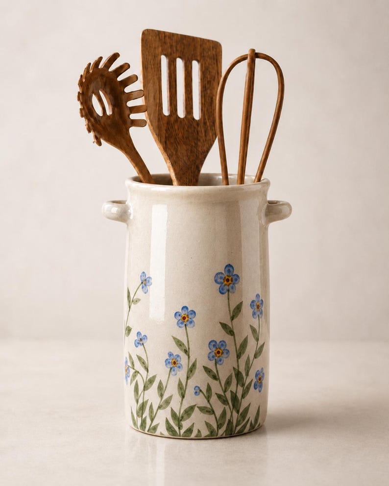 Handgefertigter Keramik-Utensilienhalter mit blauem Vichy-Karo-Muster, hoher zylindrischer Küchenbehälter, 13 cm
