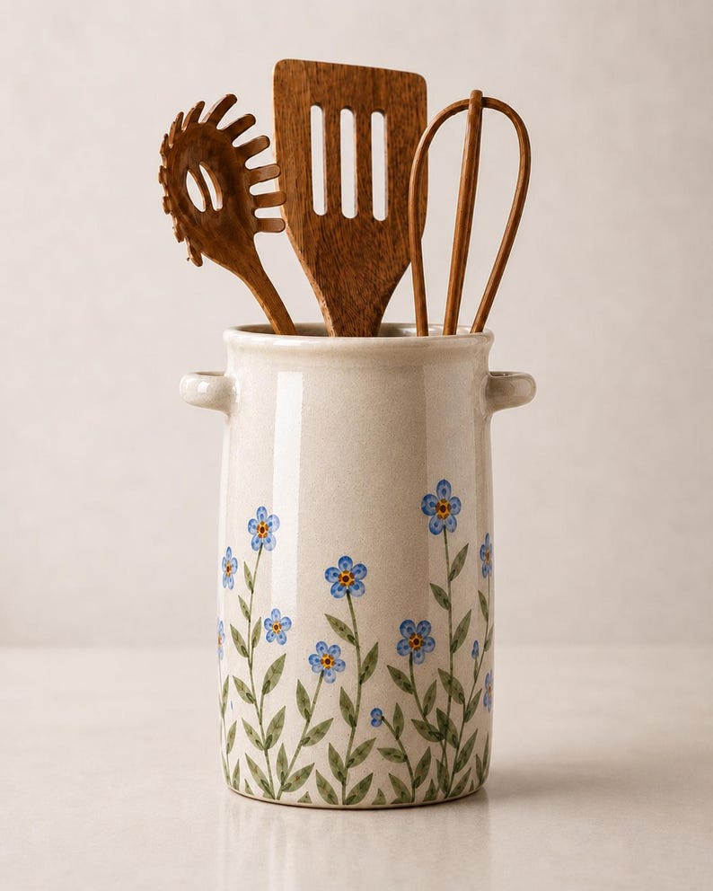 Handgefertigter Keramik-Utensilienhalter mit blauem Vichy-Karo-Muster, hoher zylindrischer Küchenbehälter, 13 cm