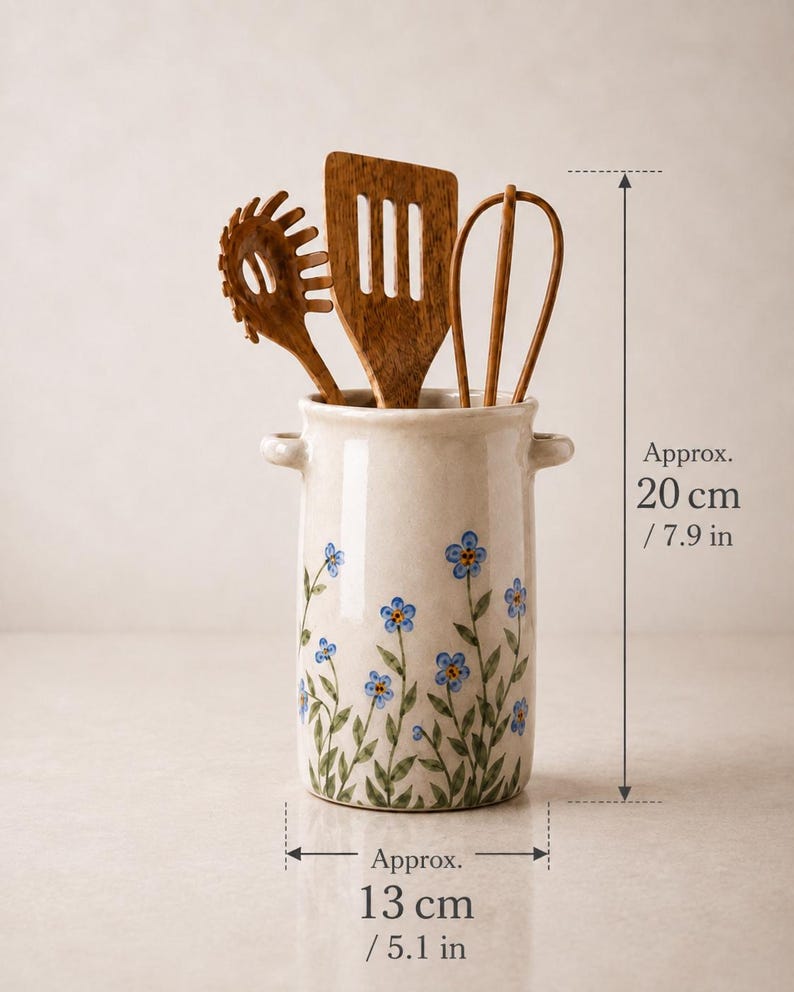 Handgefertigter Keramik-Utensilienhalter mit blauem Vichy-Karo-Muster, hoher zylindrischer Küchenbehälter, 13 cm