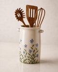 Handgefertigter Keramik-Utensilienhalter mit blauem Vichy-Karo-Muster, hoher zylindrischer Küchenbehälter, 13 cm