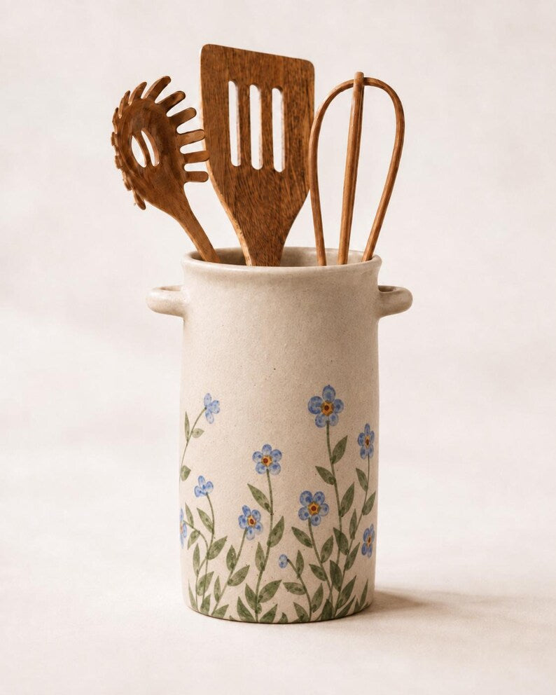 Handgefertigter Keramik-Utensilienhalter mit blauem Vichy-Karo-Muster, hoher zylindrischer Küchenbehälter, 13 cm