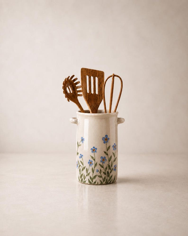 Handgefertigter Keramik-Utensilienhalter mit blauem Vichy-Karo-Muster, hoher zylindrischer Küchenbehälter, 13 cm