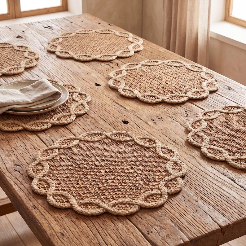 Rundes Platzset aus Rattan, 38 cm Durchmesser, mit gewellten Rändern und braunem Blumenmuster
