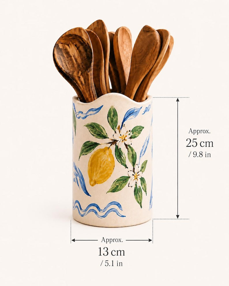 Keramik-Küchenhelferhalter mit Zitronen- und Blumenmuster, hoher Löffelbehälter, mediterrane Küchendekoration, Creme/Gelb/Grün/Kobaltblau, Durchmesser 5 oder 6 Zoll